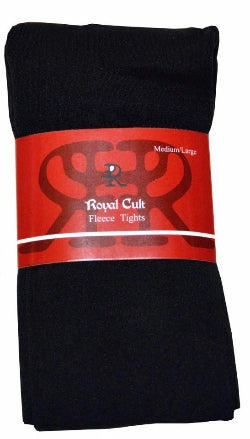 Folded black fleece tights with a red label on a white background