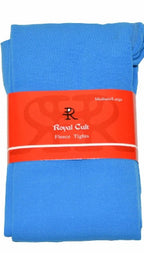 Blue fleece tights with an orange label on a white background