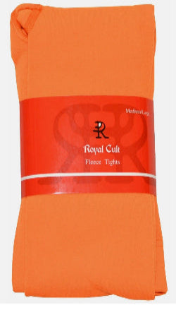 Orange fleece tights with a visible brand label on a white background