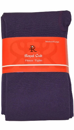 Folded purple fleece tights with an orange label on a white background