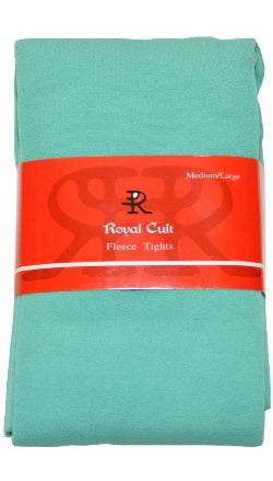 Teal fleece tights with a red 'Royal Cult' label on a white background